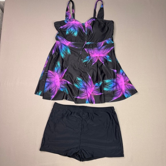 Other - Women Tropical Palm Print Tankini Set Swim Dress with Boy Shorts Black 2XL